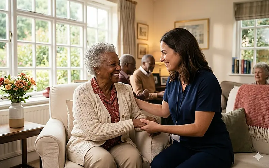 A caregiver helping a resident at Caring Angels Henderson